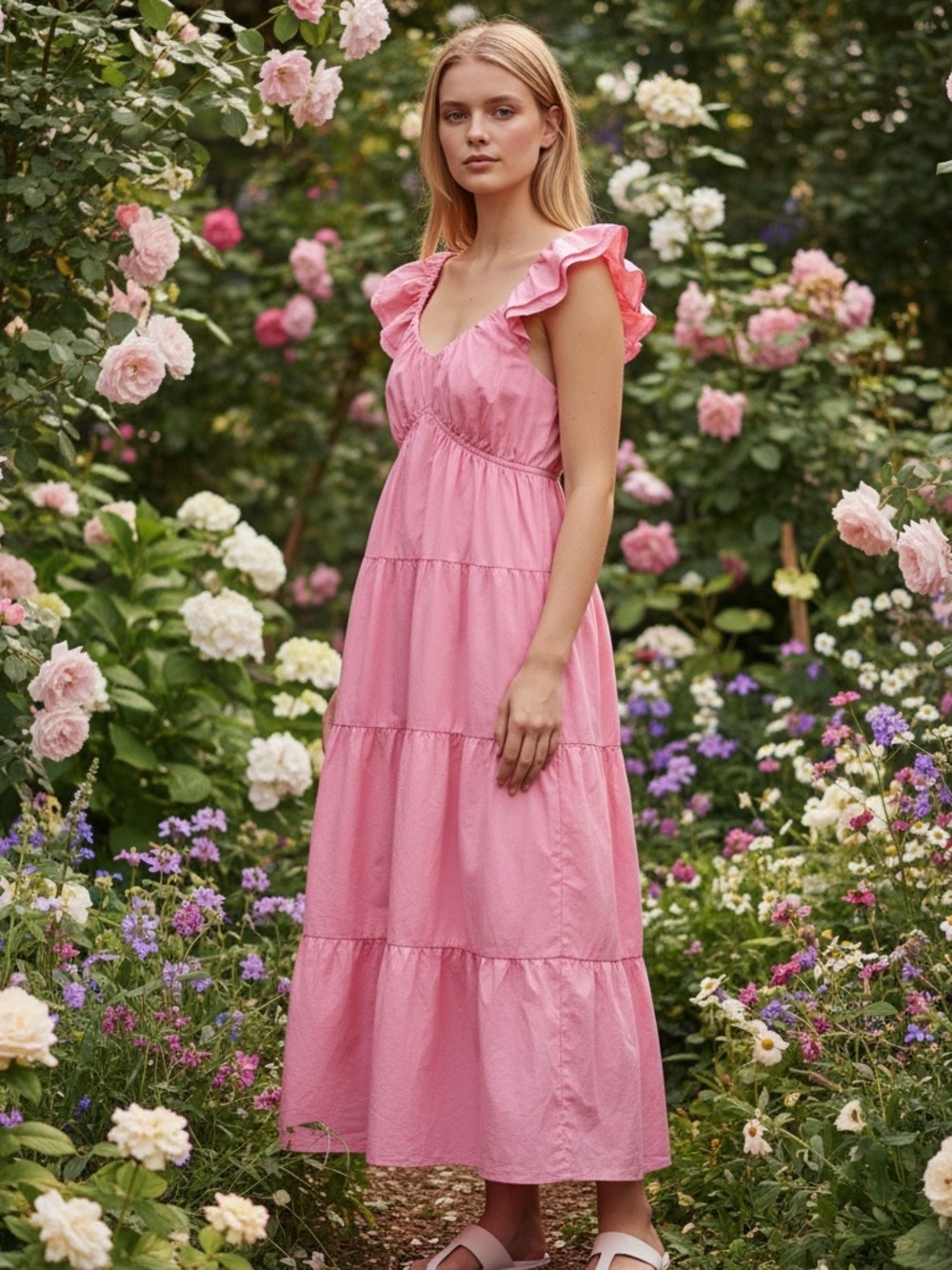 ELLISON Ruffle Sleeve Tiered Maxi Dress Pink L